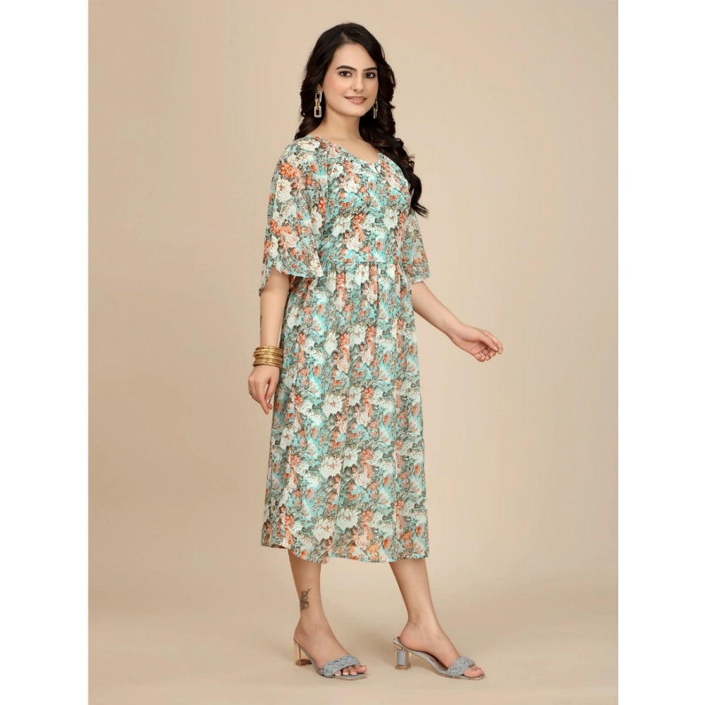 Generic Women's Georgette Printed Round Neck Short Sleeve Dress (Multicolor)