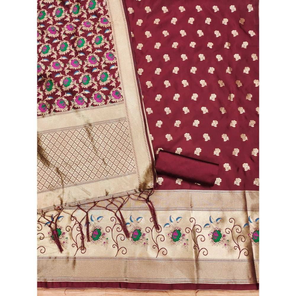 Generic Women's Banarasi Silk Printed Unstitched Salwar Suit Material With Dupatta (Maroon, 3Mtrs)