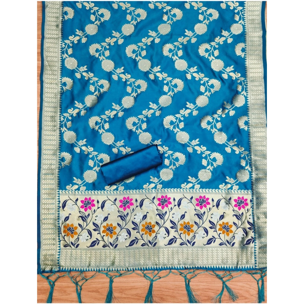 Generic Women's Banarasi Silk Printed Unstitched Salwar Suit Material With Dupatta (Blue, 3Mtrs)