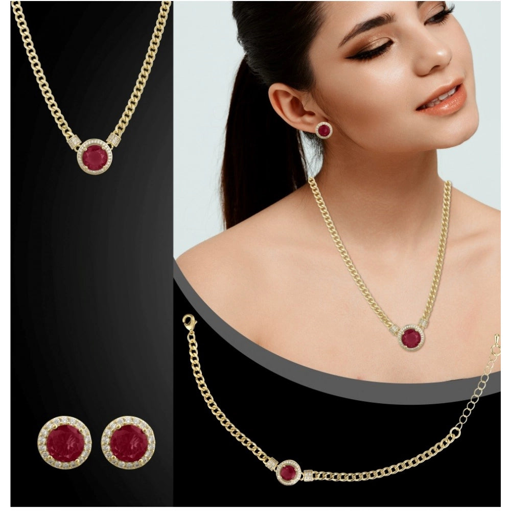 Generic Women's Stainless Steel Red Color Golden Chain Western Combo Jewelry (Gold Plated)
