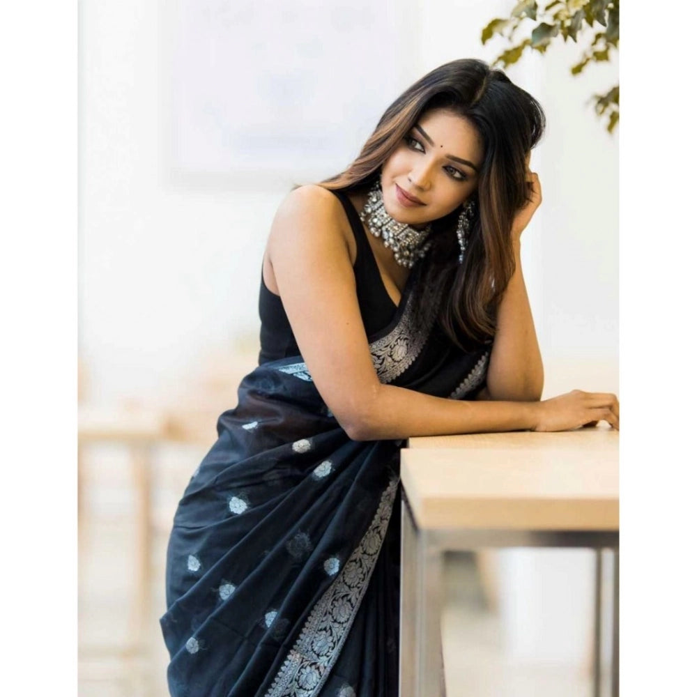 Generic Women's Cotton  Printed Saree With Unstitched Blouse 5.5Mtr (Black)