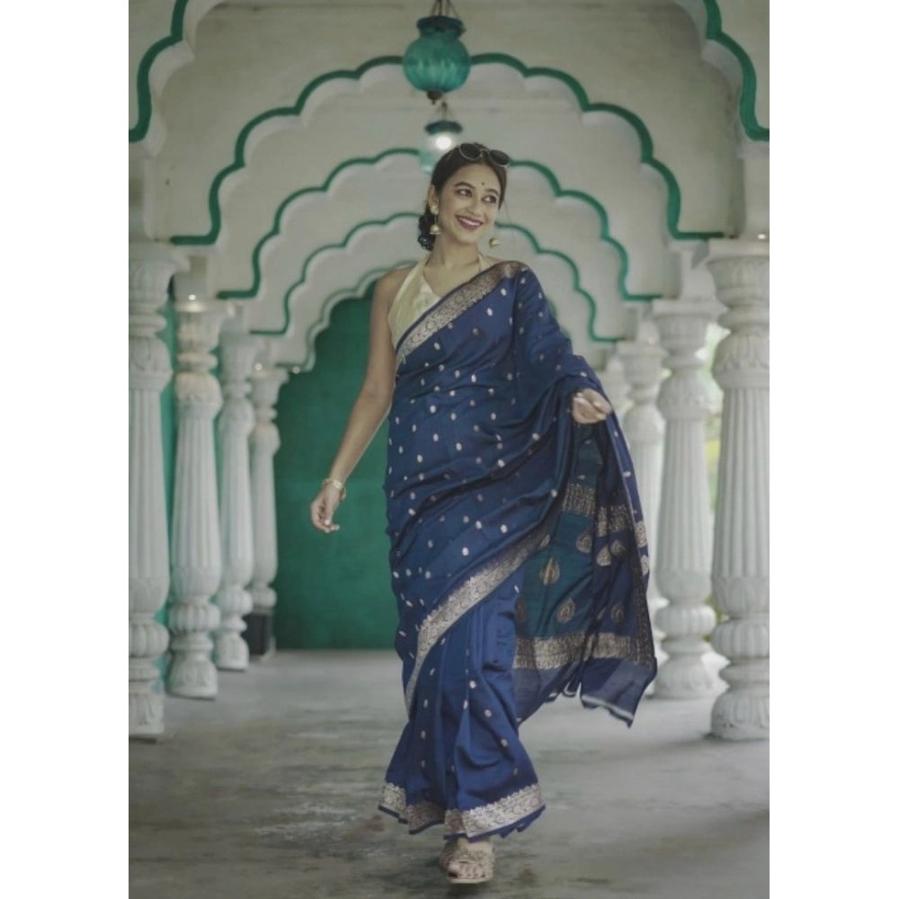 Generic Women's Cotton  Printed Saree With Unstitched Blouse 5.5Mtr (Navy Blue)