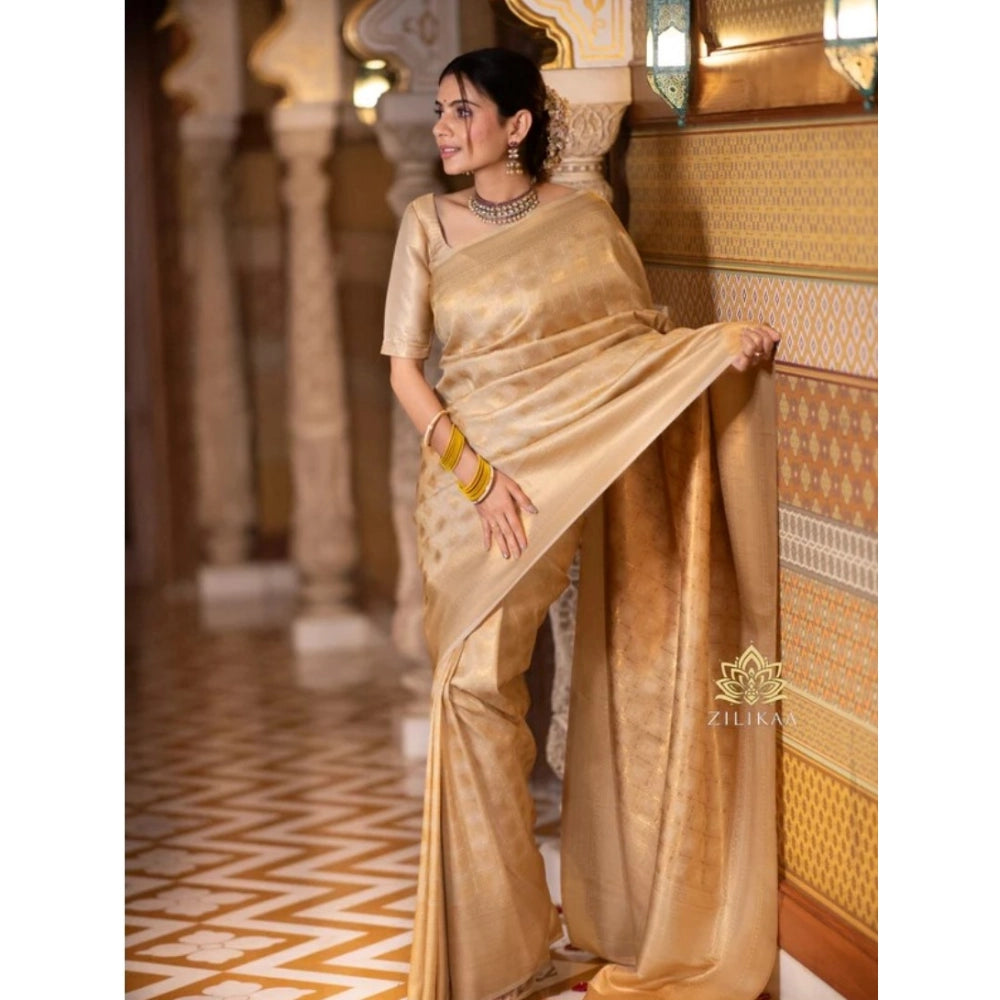 Generic Women's Silk Printed Saree With Unstitched Blouse 5.5Mtr (Cream)