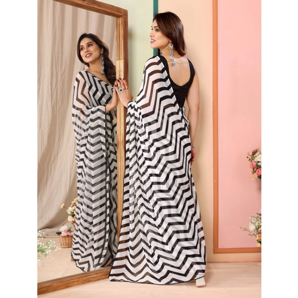 Generic Women's Small Lace Georgette Striped Ready-to-Wear Saree With Unstitched Blouse 5.5 Mtr (Black)