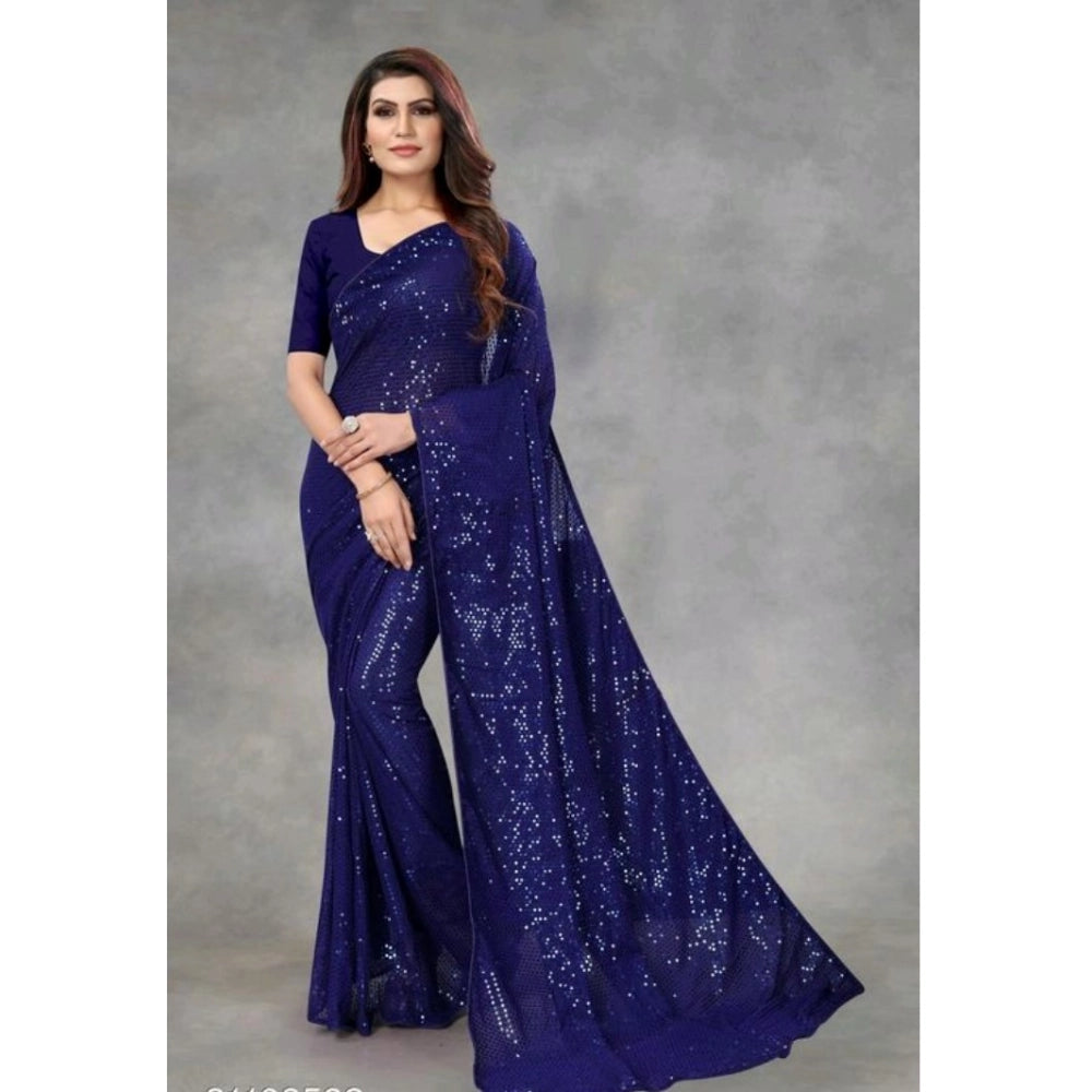 Generic Women's Georgette Embellished Sequnece Bollywood Saree With Unstitched Blouse 5.5Mtr (Blue)