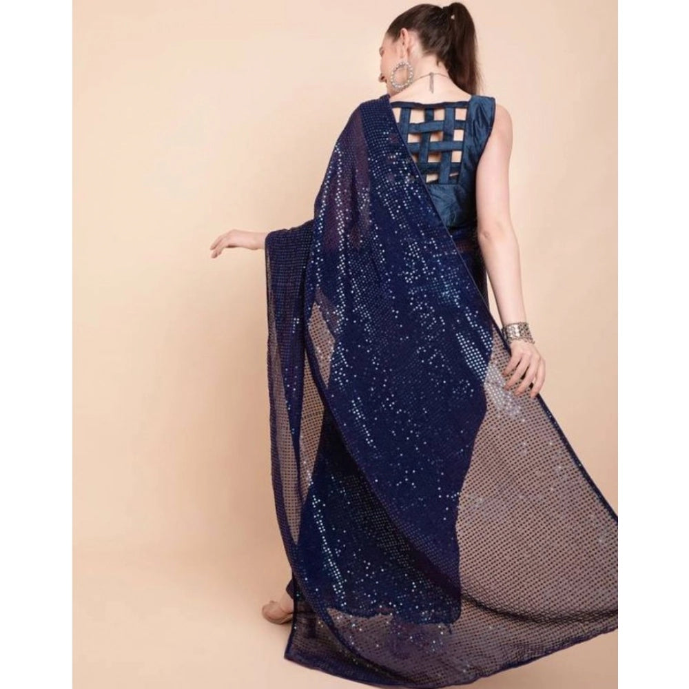 Generic Women's Georgette Embellished Sequnece Bollywood Saree With Unstitched Blouse 5.5Mtr (Blue)