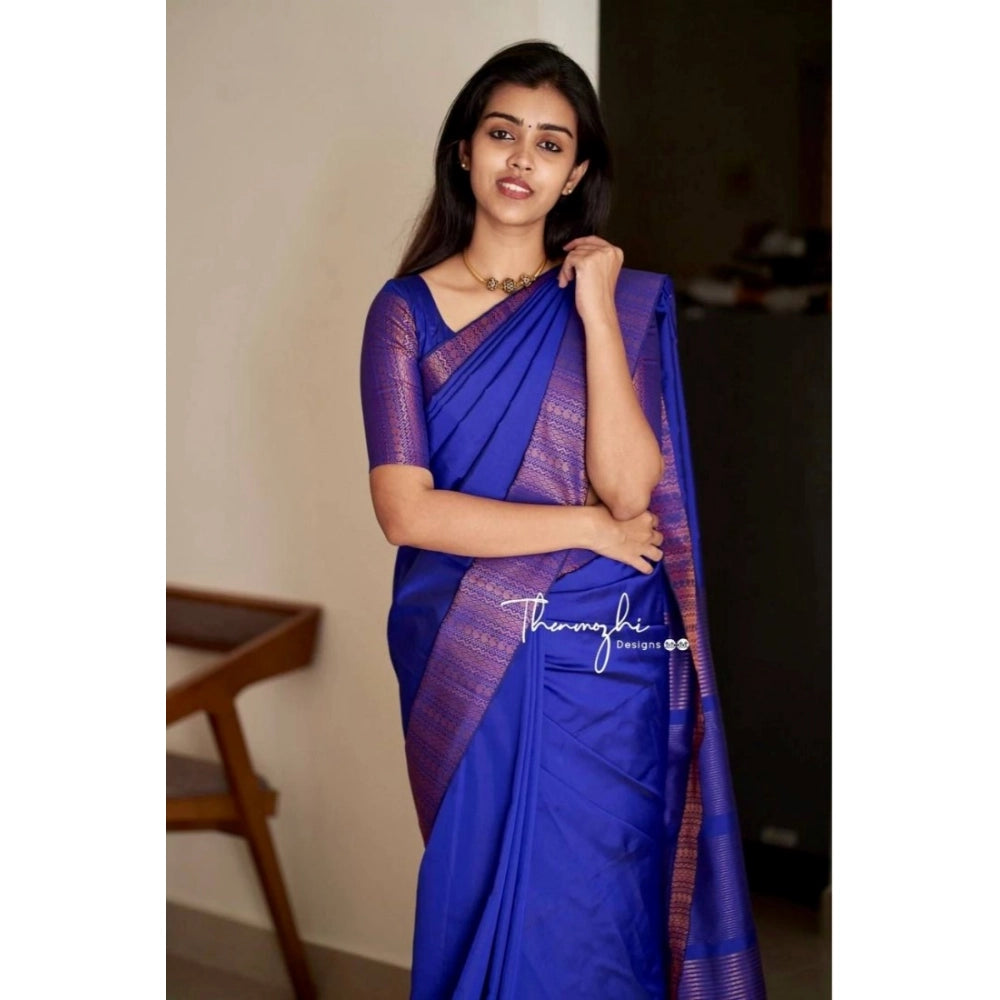 Generic Women's Soft Lichi Silk Solid Saree With Unstitched Blouse 5.5Mtr (Blue)