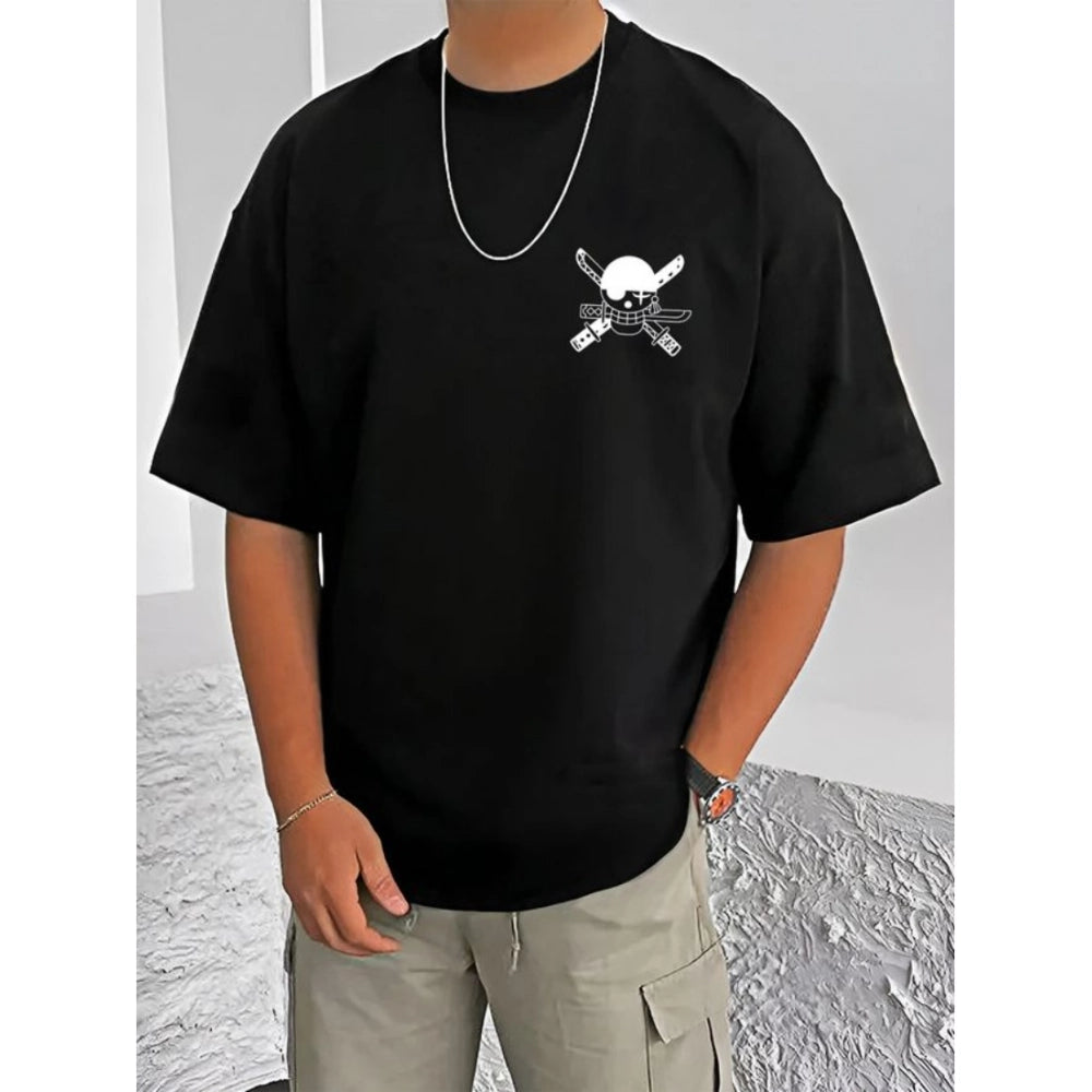 Generic Men's Casual Cotton Blend Printed Round Neck Half Sleeve T-Shirt (Black)