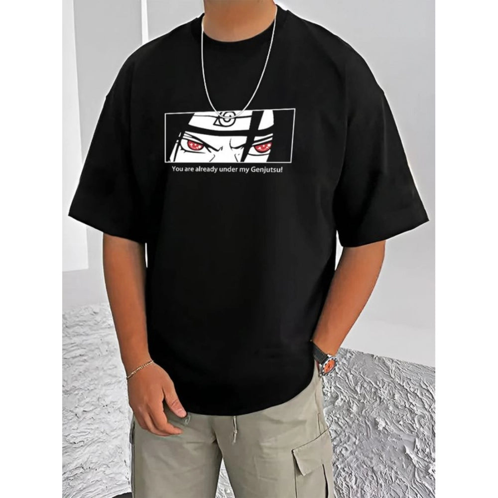 Generic Men's Casual Cotton Blend Printed Round Neck Half Sleeve T-Shirt (Black)