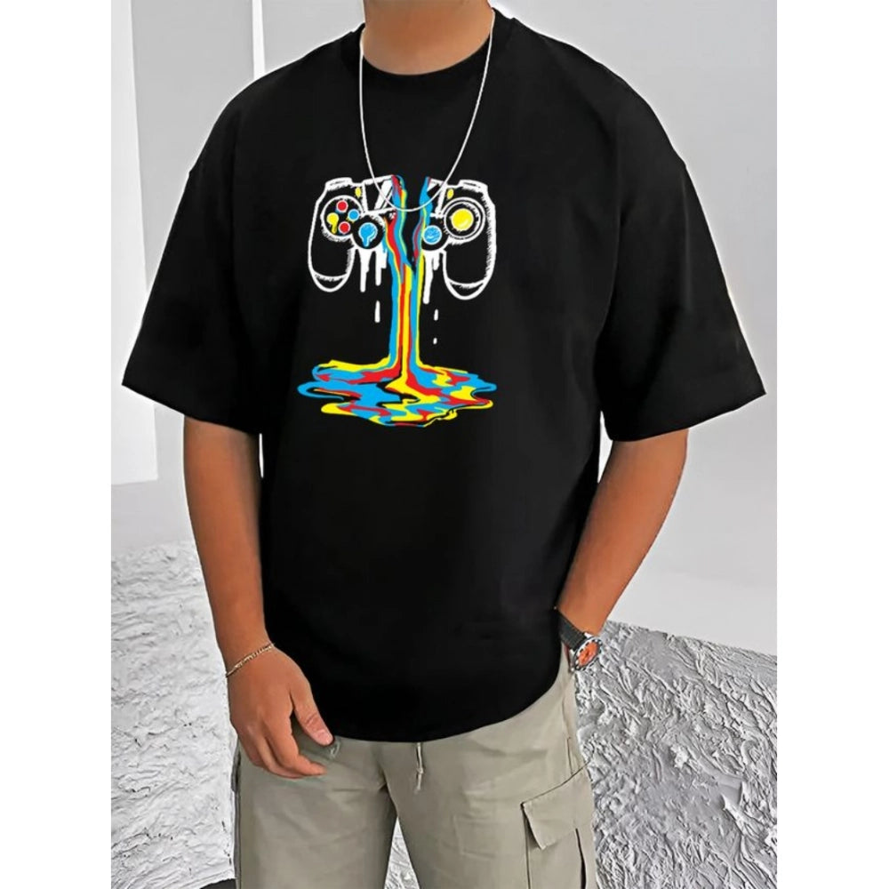 Generic Men's Casual Cotton Blend Printed Round Neck Half Sleeve T-Shirt (Black)
