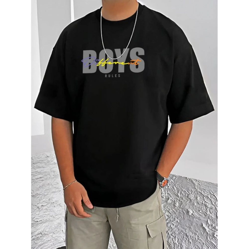 Generic Men's Casual Cotton Blend Printed Round Neck Half Sleeve T-Shirt (Black)