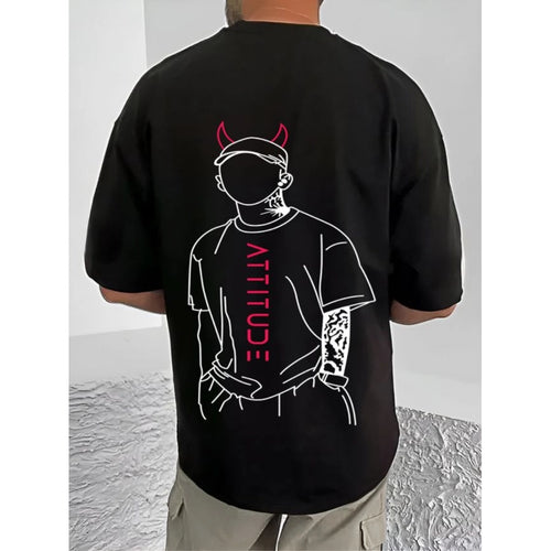 Generic Men's Casual Cotton Blend Printed Round Neck Half Sleeve T-Shirt (Black)