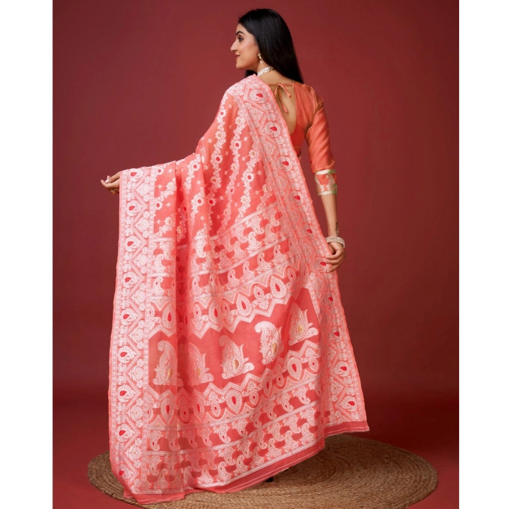 Generic Women's Cotton Silk Printed Saree With Unstitched Blouse 5.5Mtr (Peach)