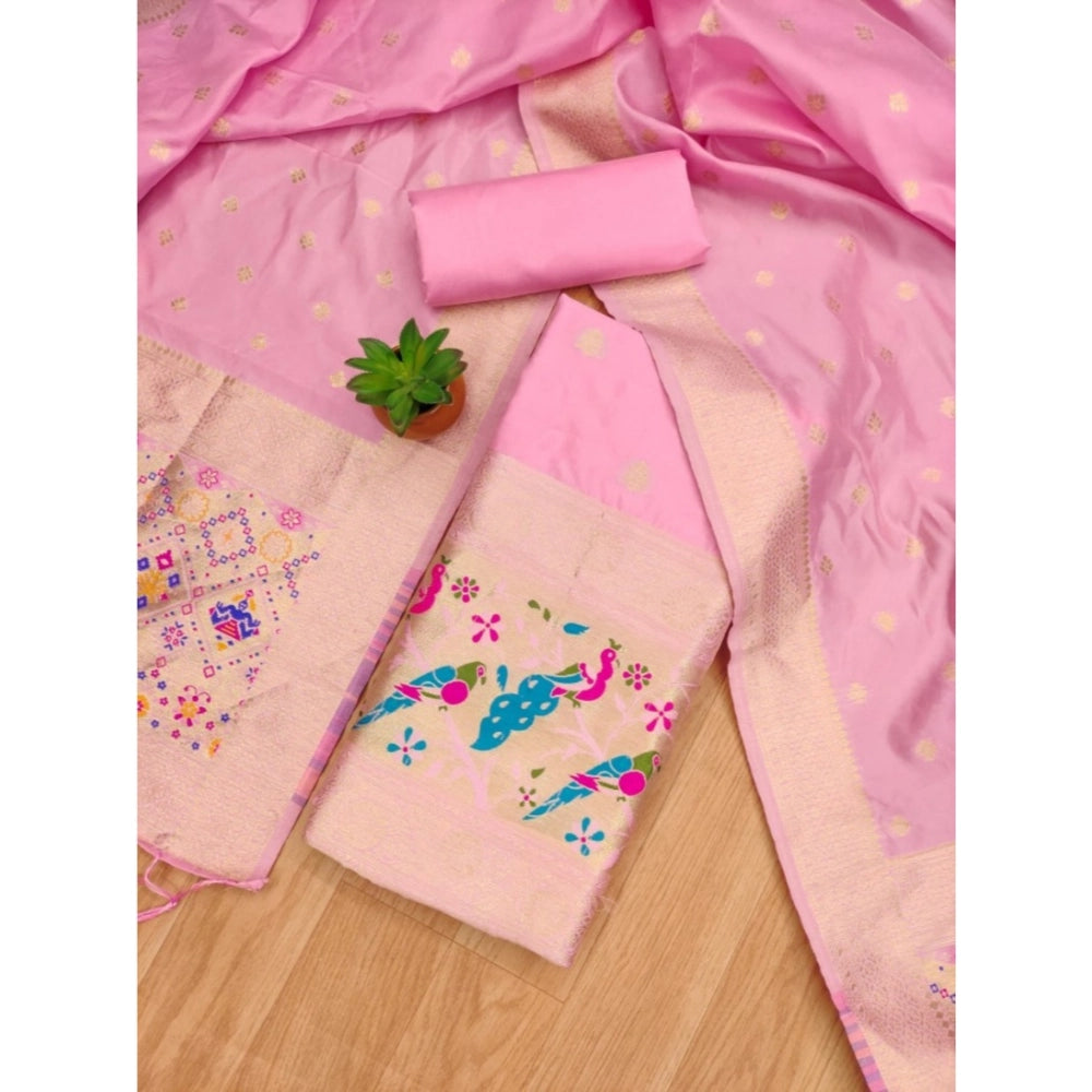Generic Women's Banarasi Silk Printed Unstitched Salwar Suit Material With Dupatta (Light Pink, 3Mtrs)