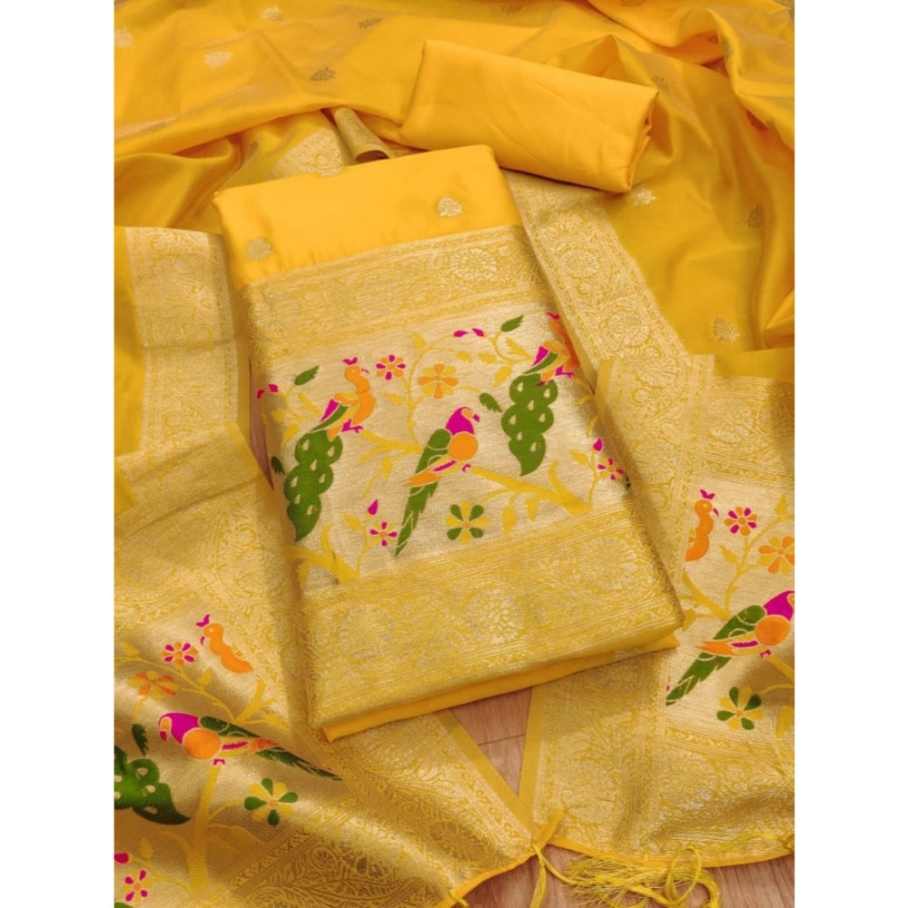 Generic Women's Banarasi Silk Printed Unstitched Salwar Suit Material With Dupatta (Yellow, 3Mtrs)