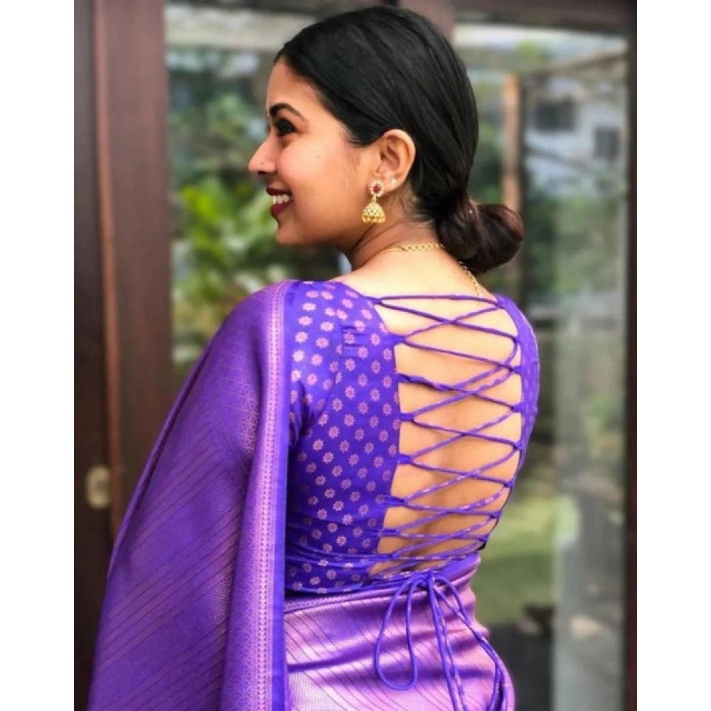Generic Women's Litchi silk Printed Saree With Unstitched Blouse (Purple)