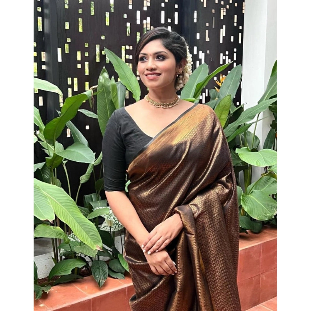 Generic Women's Litchi silk Printed Saree With Unstitched Blouse (Gold)