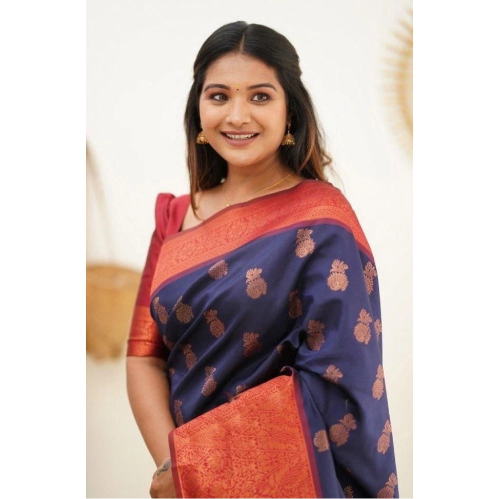 Generic Women's Litchi silk Printed Saree With Unstitched Blouse (Blue)