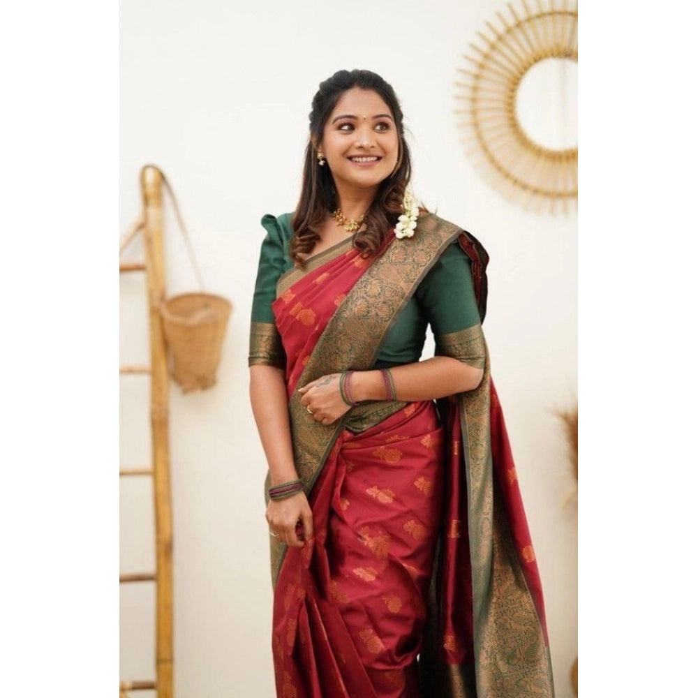Generic Women's Litchi silk Printed Saree With Unstitched Blouse (Red)