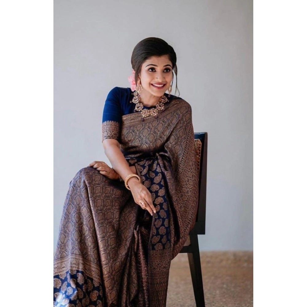 Generic Women's Litchi silk Printed Saree With Unstitched Blouse (Blue)