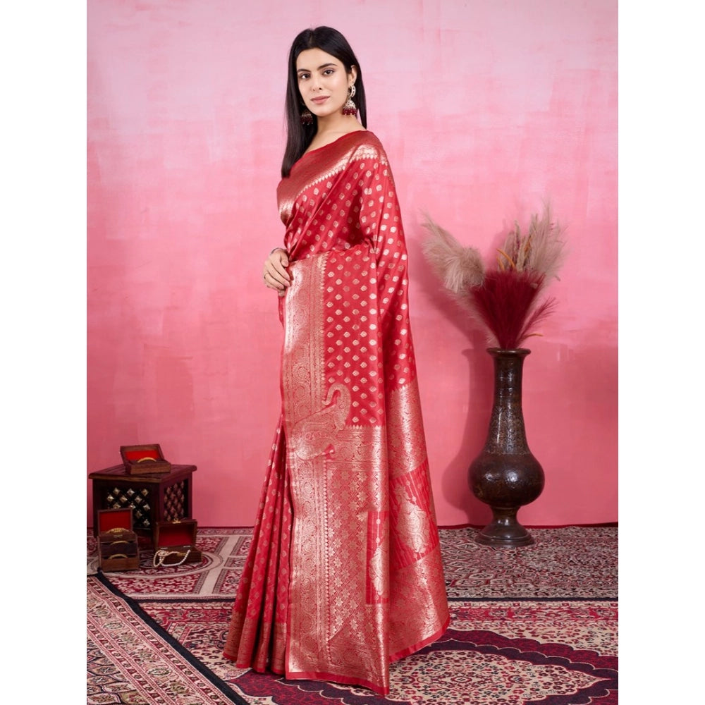 Generic Women's Banarasi Silk Printed Saree With Unstitched Blouse 5.5Mtr (Red)