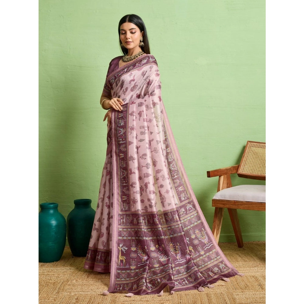 Generic Women's Silk Blend Printed Saree With Unstitched Blouse 5.5Mtr (Grey)