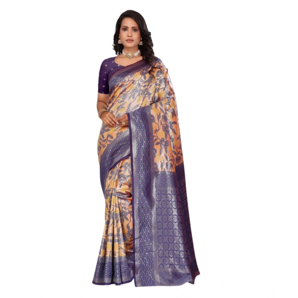 Generic Women's Banarasi Silk Jaquard Woven Saree With Unstitched Blouse 5.5Mtr (Orange)