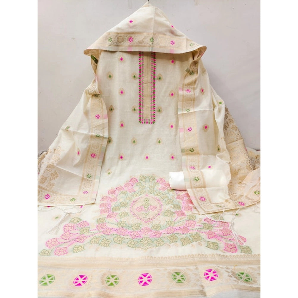 Generic Women's Banarasi Silk Printed Unstitched Salwar Suit Material With Dupatta (White, 3Mtrs)