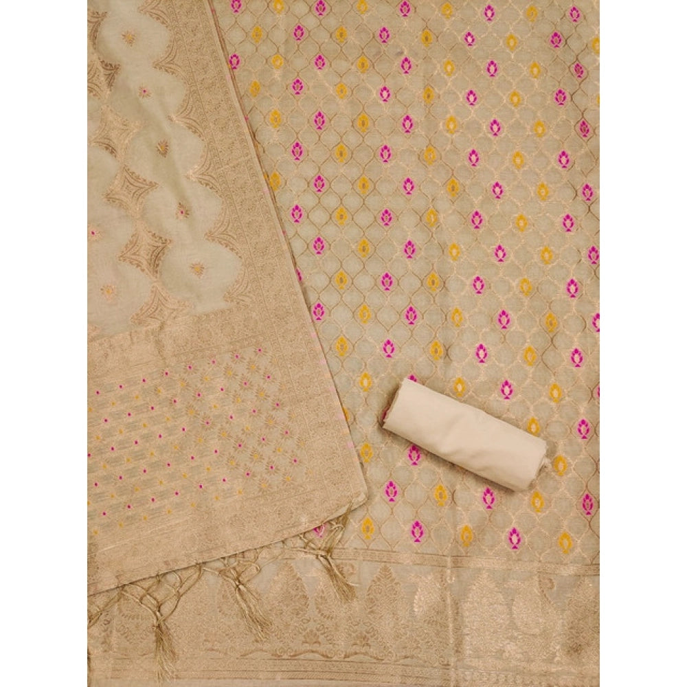 Generic Women's Banarasi Silk Printed Unstitched Salwar Suit Material With Dupatta (Cream, 3Mtrs)
