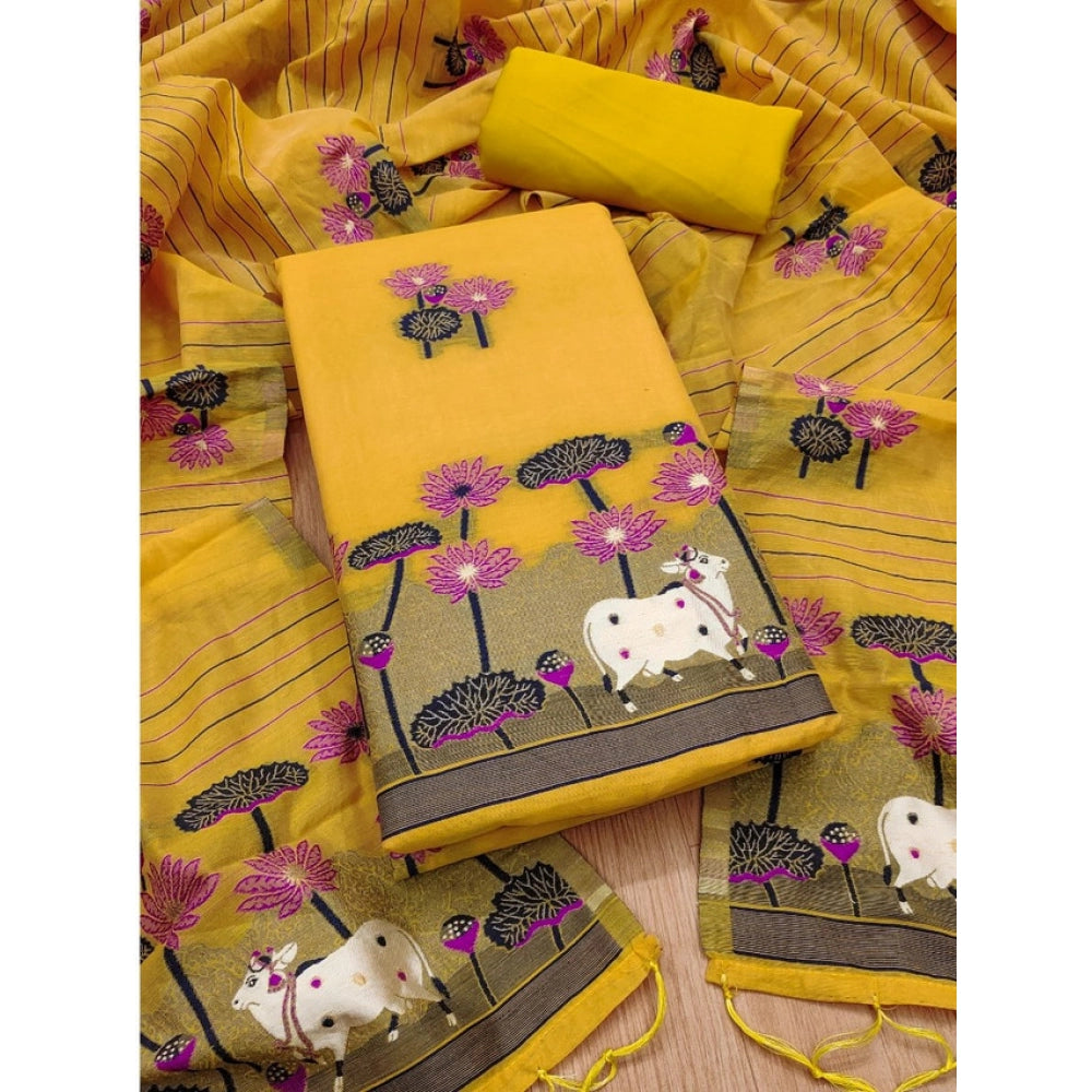 Generic Women's Banarasi Silk Printed Unstitched Salwar Suit Material With Dupatta (Yellow, 3Mtrs)