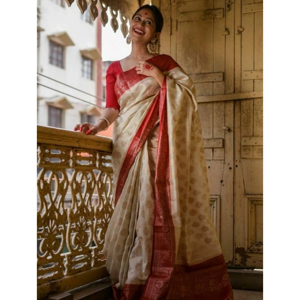 Generic Women's Soft Lichi Silk Printed Saree With Unstitched Blouse 5.5Mtr (White)