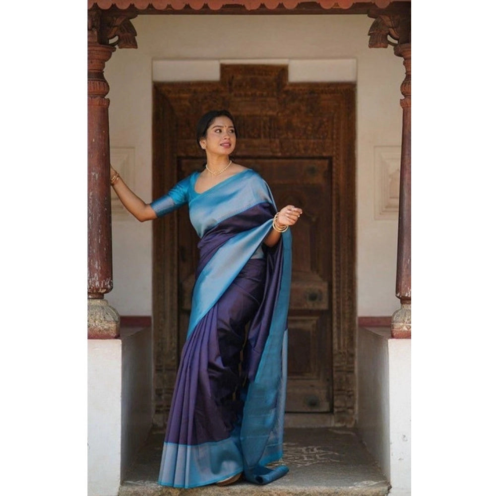 Generic Women's Soft Lichi Silk Printed Saree With Unstitched Blouse 5.5Mtr (Blue)