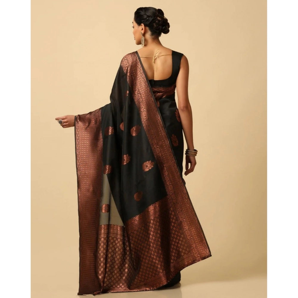 Generic Women's Soft Lichi Silk Printed Saree With Unstitched Blouse 5.5Mtr (Black)