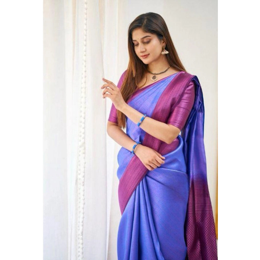 Generic Women's Soft Lichi Silk Printed Saree With Unstitched Blouse 5.5Mtr (Blue)