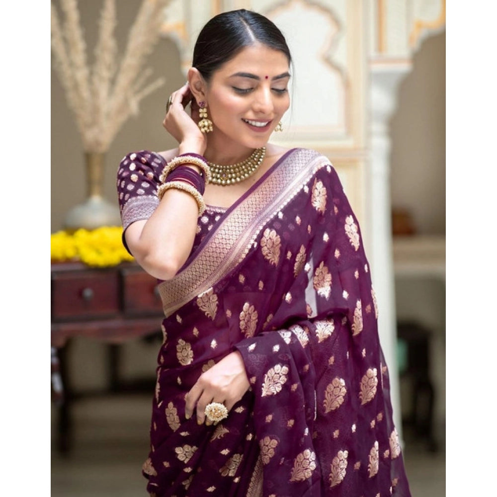 Generic Women's Soft Lichi Silk Printed Saree With Unstitched Blouse 5.5Mtr (Purple)