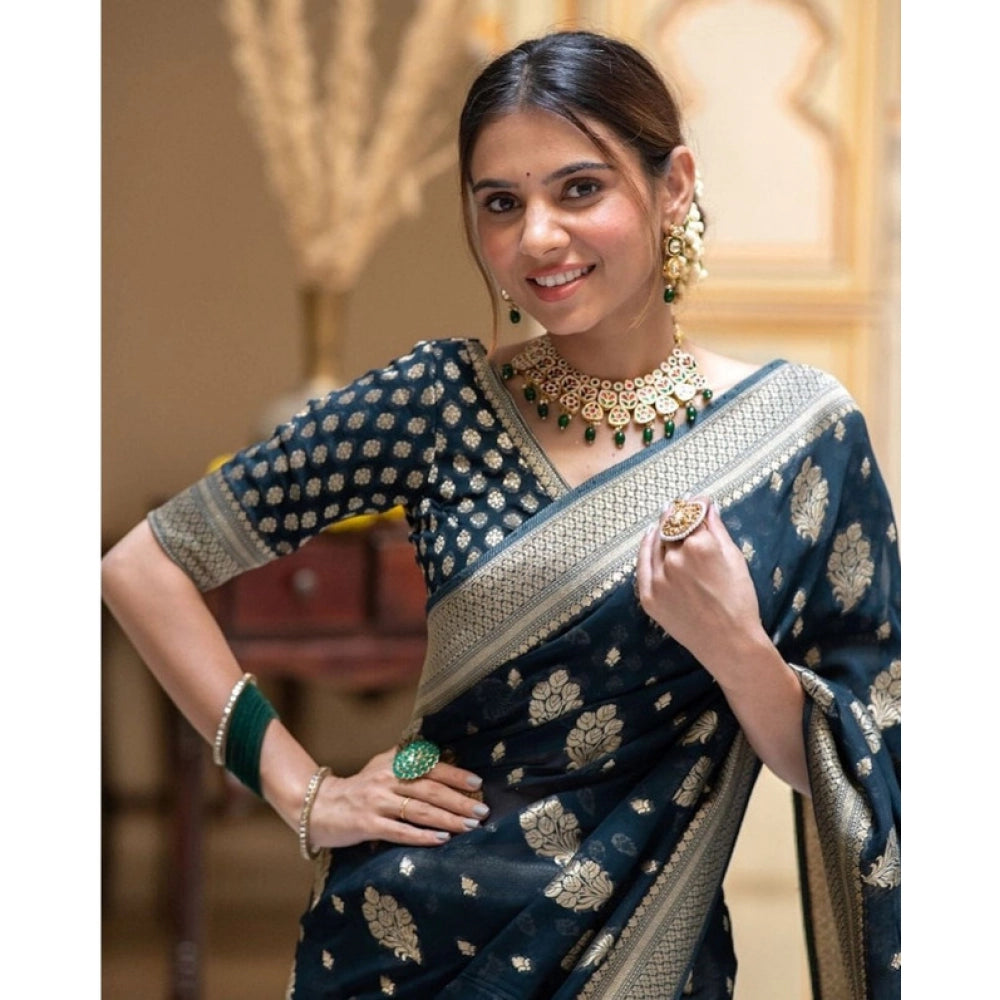 Generic Women's Soft Lichi Silk Printed Saree With Unstitched Blouse 5.5Mtr (Blue)
