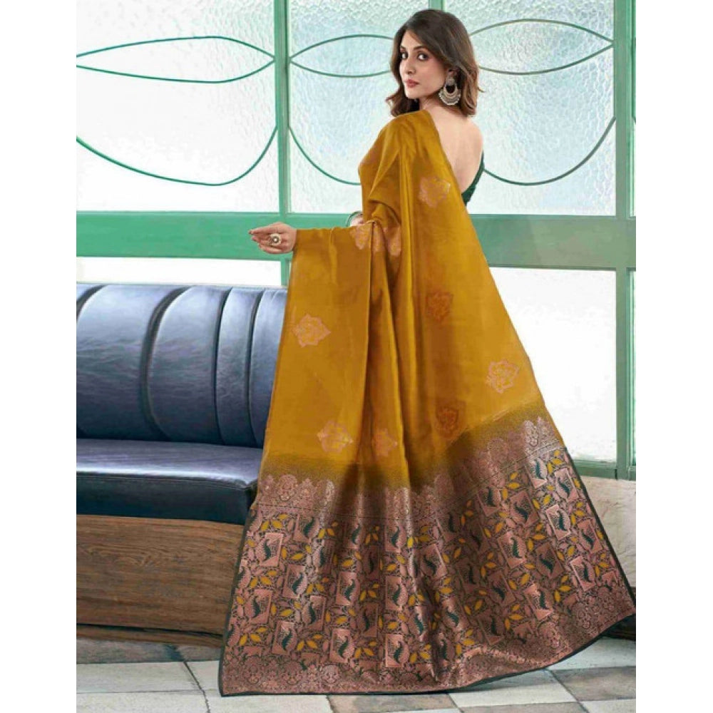 Generic Women's Soft Lichi Silk Printed Saree With Unstitched Blouse 5.5Mtr (Mustard )