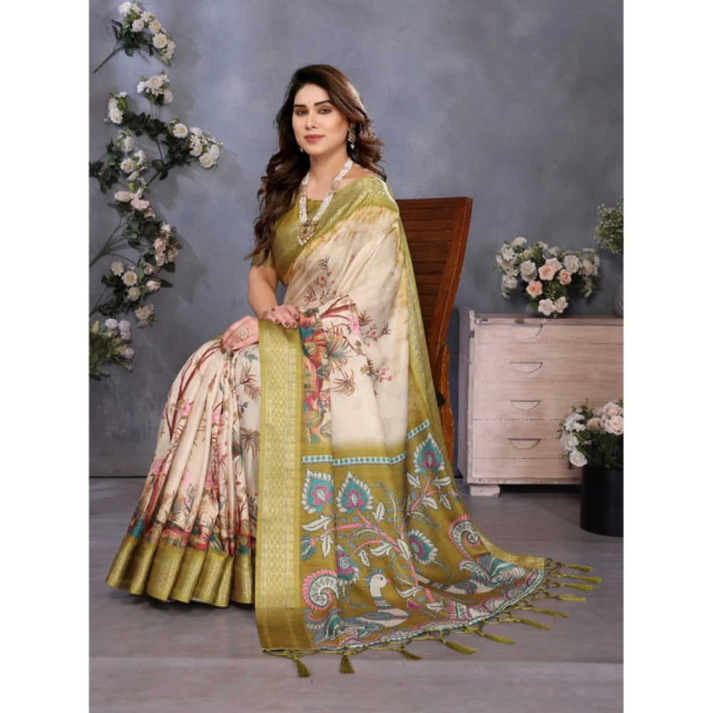 Generic Women's Cotton Silk  Printed Saree With Unstitched Blouse 5.5Mtr (Olive Green)