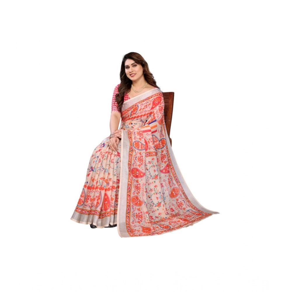 Generic Women's Linen Cotton  Printed Saree With Unstitched Blouse 5.5Mtr (Orange )