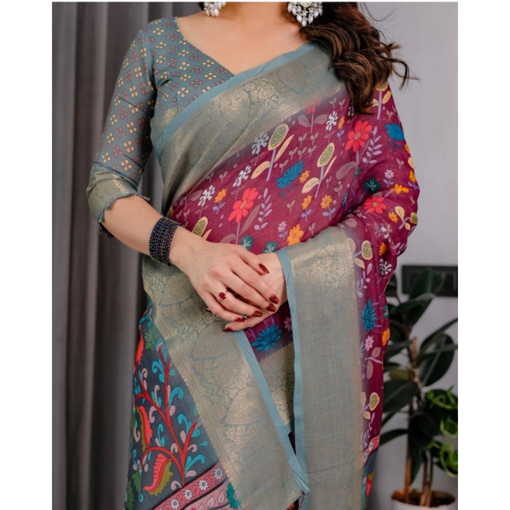 Generic Women's Linen  Printed Saree With Unstitched Blouse 5.5Mtr (Purple)