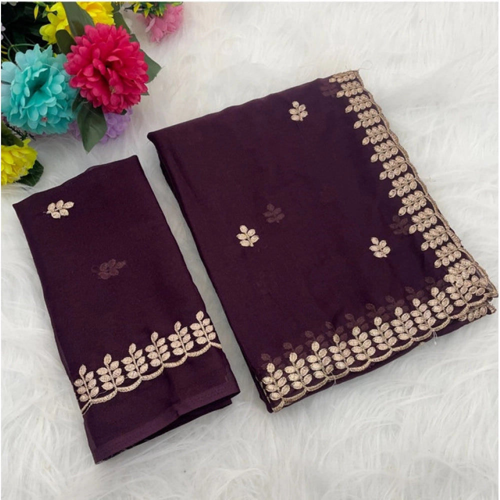 Generic Women's Georgette Embroidered Saree With Unstitched Blouse 5.5Mtr (Wine)
