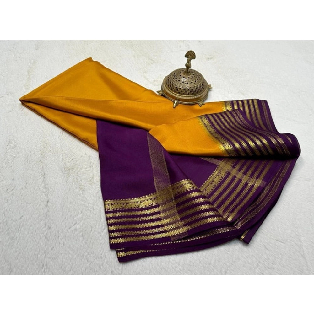 Generic Women's Crepe Chit Pallu Solid Saree With Unstitched Blouse 5.5Mtr (Gold)