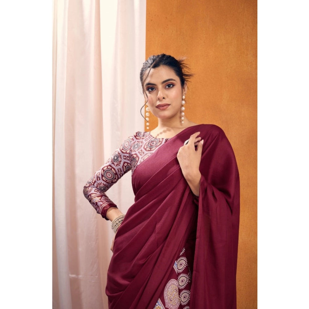 Generic Women's Satin Crepe Printed Saree With Unstitched Blouse 5.5Mtr (Maroon)