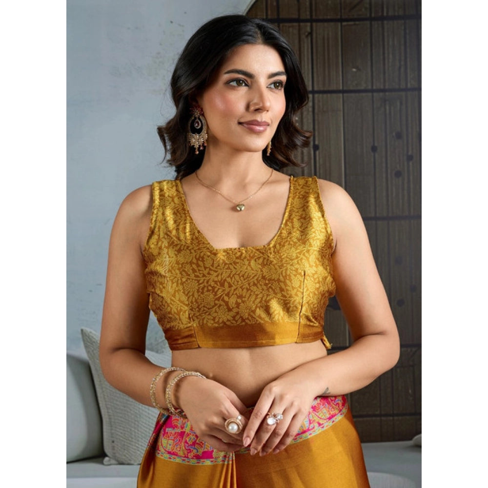 Generic Women's Satin Crepe Printed Saree With Unstitched Blouse 5.5Mtr (Mustard)