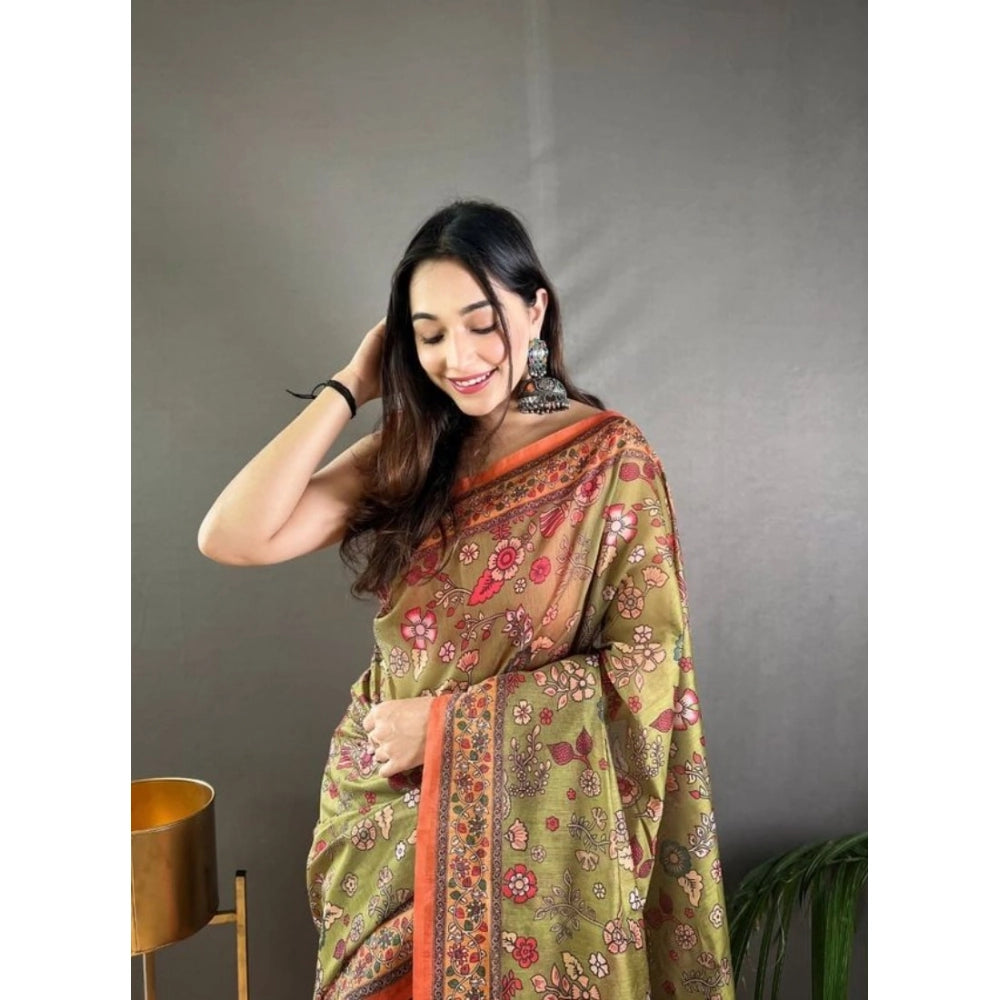 Generic Women's Linen Printed Saree With Unstitched Blouse 5.5Mtr (Sea Green)