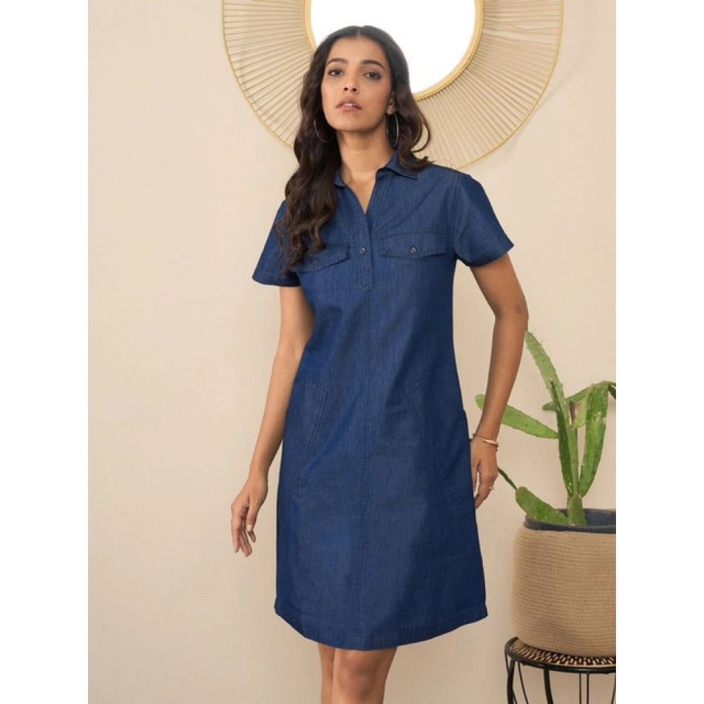 Generic Women's Denim Solid Sleeveless Dress (Blue)
