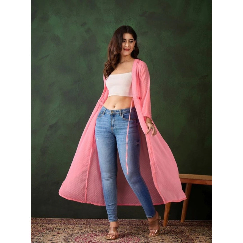 Generic Women's Chiffon Self Design Long Sleeves Shrug (Pink)