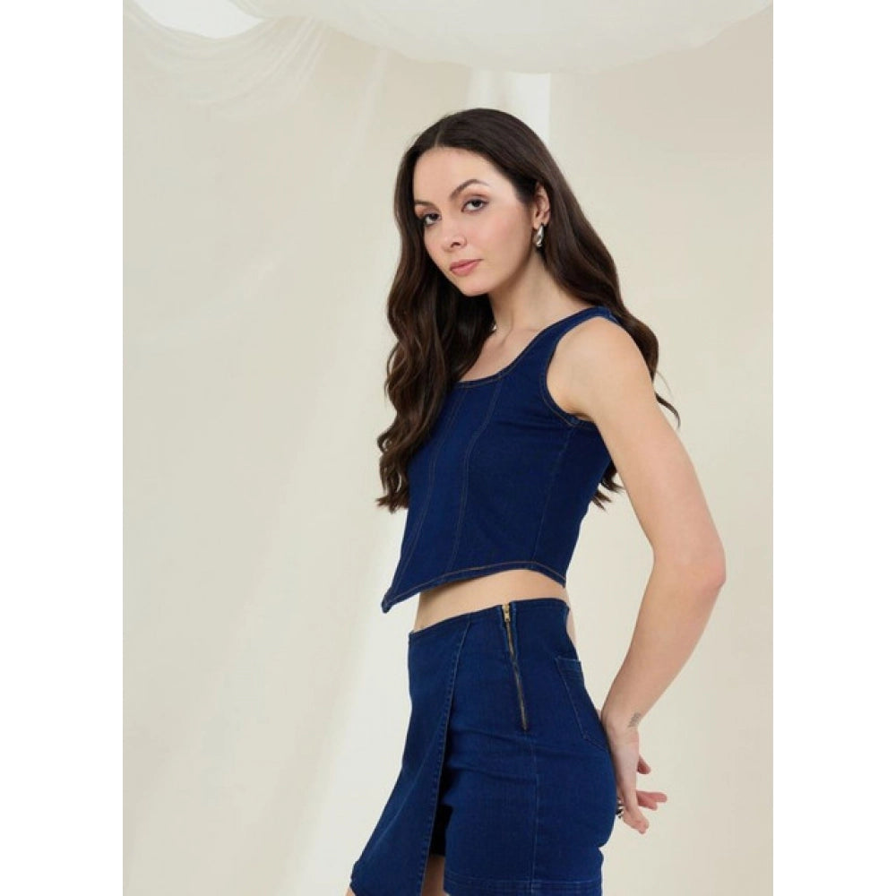 Generic Women's Denim Lycra Solid Sleeveless Top (Blue)
