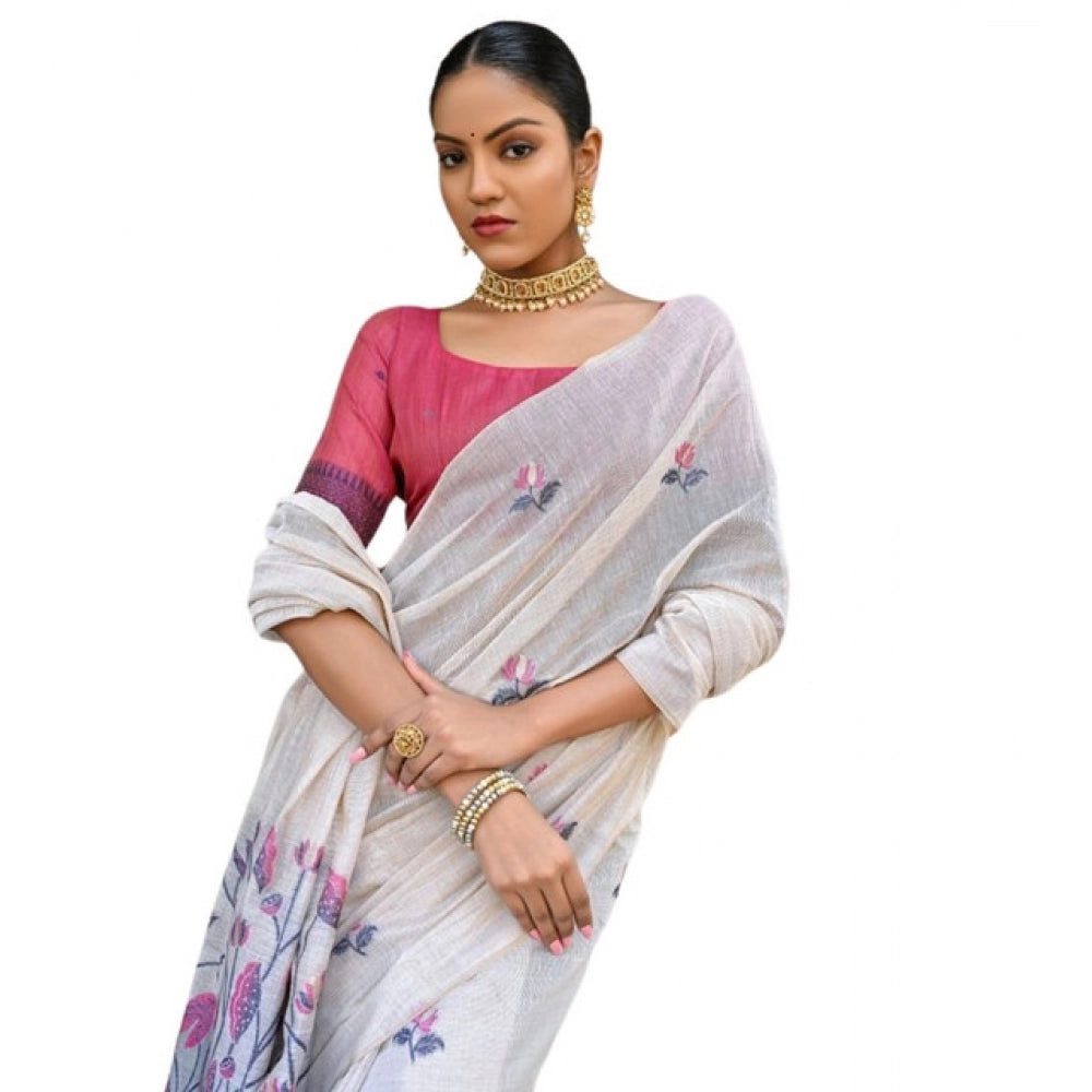 Generic Women's Blended_Cotton Floral Weaving Pattern Saree With Unstitched Blouse 5.5Mtr (Blue)