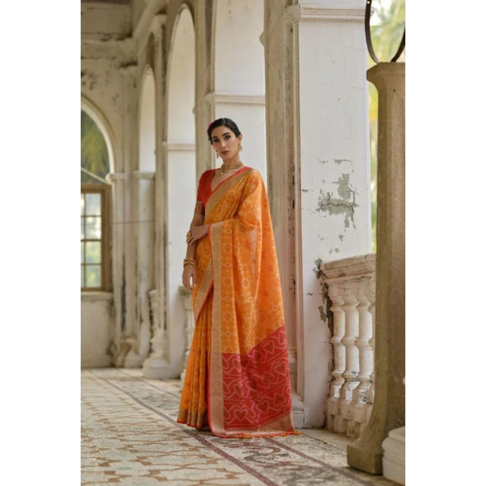 Generic Women's Silk_Blend Ethnic Ikat Pattern Saree With Unstitched Blouse 5.5Mtr (Mustard)